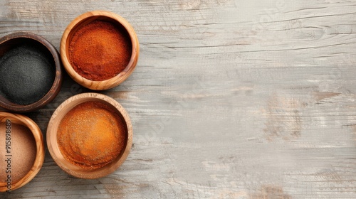 Colorful Bowls of Spices and Dyes Arranged on a Wooden Surface