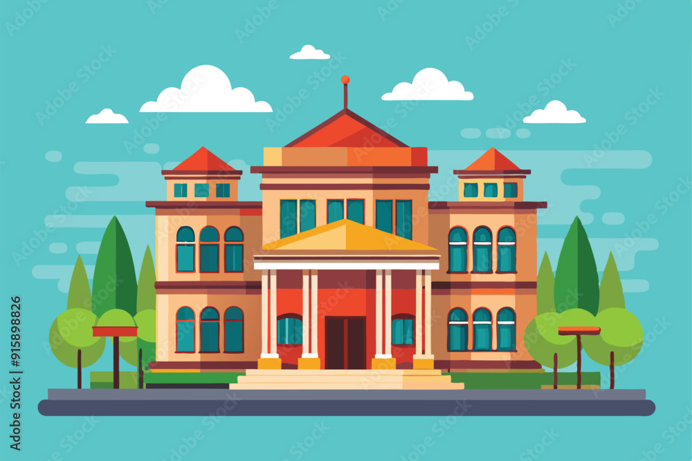 A vibrant flat illustration showcases a grand building with striking architecture amid green trees under a bright blue sky A vibrant flat illustration showcases a grand building with striking architecture amid green trees under a bright blue sky