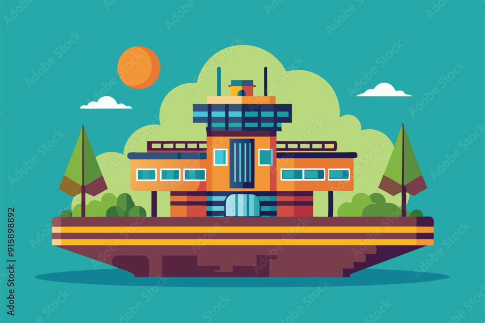 A colorful, customizable building stands amidst trees and sunshine, showcasing contemporary design elements against a clear blue background A colorful, customizable building stands amidst trees and sunshine, showcasing contemporary design elements against a clear blue background