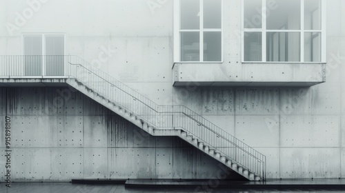 Modern Architecture Under Fog at Riverside Park With a Solitary Figure