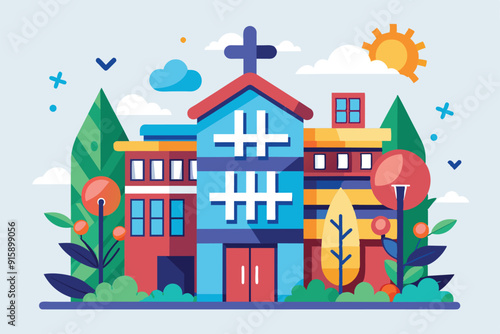A vibrant building illustration showcases greenery and sunny weather, presenting an inviting atmosphere in a colorful urban landscape