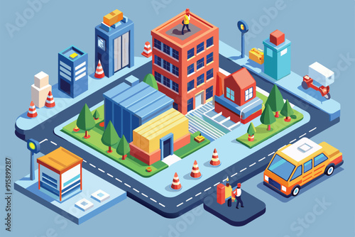 A detailed urban landscape showcases building safety practices with workers, vehicles, and construction elements amidst city infrastructure
