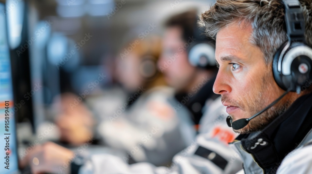 Obraz premium Race Team Strategist Analyzing Data During a Formula One Event