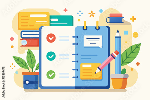 A vibrant flat illustration features a bullet journal, plants, and stationery, creating an organized and creative workspace atmosphere