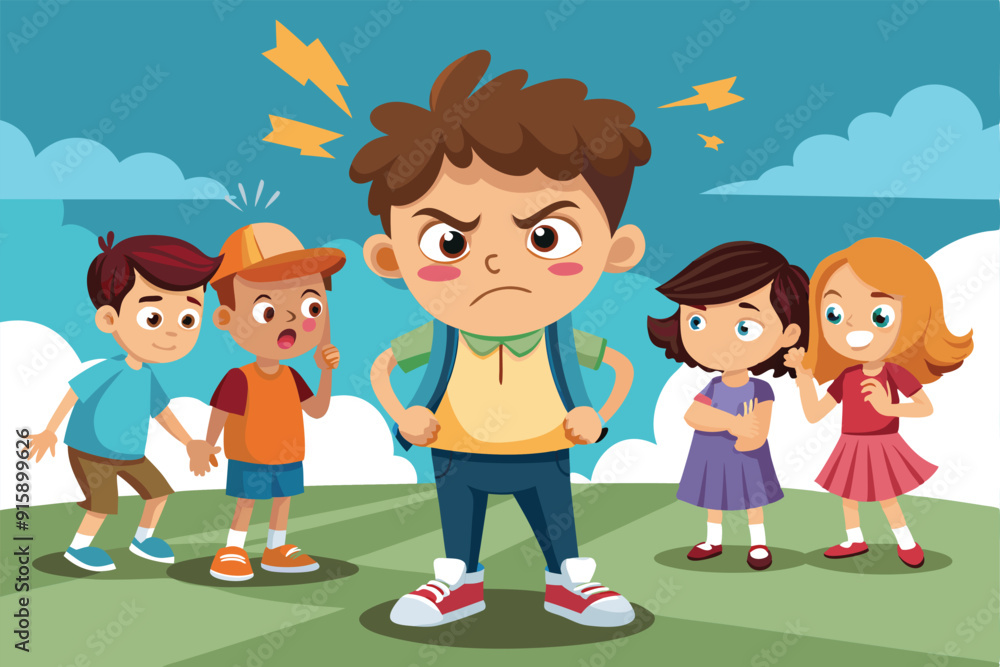 A group of children mockingly surrounds a lone child who appears upset and angry in a colorful playground setting A group of children mockingly surrounds a lone child who appears upset and angry in a colorful playground setting