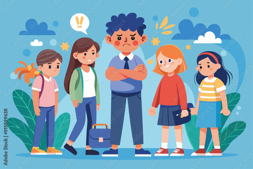 Schoolchildren experience bullying, showcasing emotional distress and group dynamics in a vibrant playground environment Schoolchildren experience bullying, showcasing emotional distress and group dynamics in a vibrant playground environment