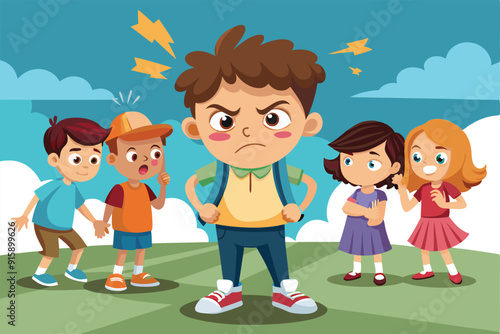 A group of children mockingly surrounds a lone child who appears upset and angry in a colorful playground setting