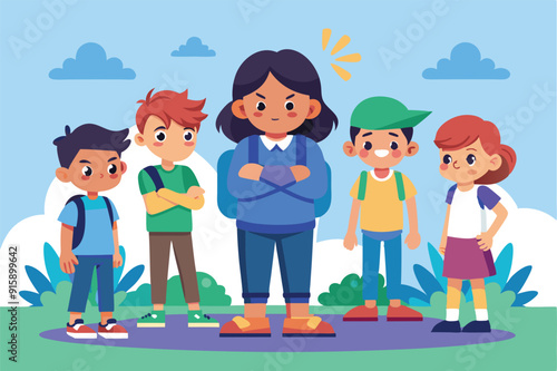 A group of children stand together in a schoolyard, showcasing different emotions related to bullying and social dynamics among peers