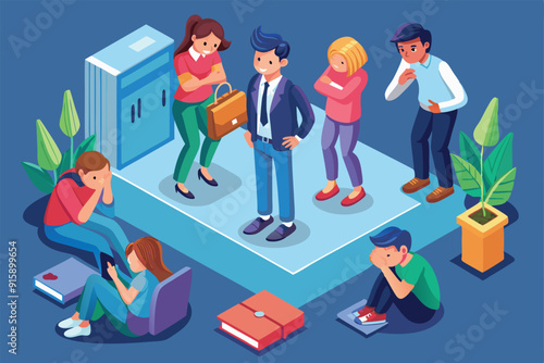 A tense moment in a classroom shows students reacting to bullying behavior, with one student standing confidently while others display concern