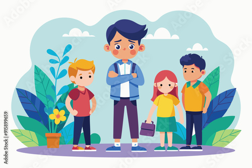 A group of children experiences bullying in a schoolyard while others observe, highlighting the emotional toll on the victim and the importance of intervention