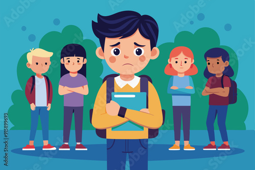 A young student stands sad and alone with a book, surrounded by classmates who appear indifferent and hostile