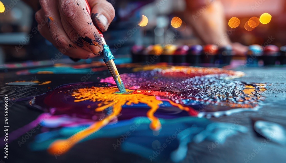 An artist immersed in the creation of a vivid mural, bright colors and dynamic strokes, Pop Art, Acrylic, Vibrant An artist immersed in the creation of a vivid mural, bright colors and dynamic strokes, Pop Art, Acrylic, Vibrant