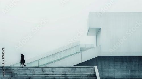 Modern Architecture Under Fog at Riverside Park With a Solitary Figure