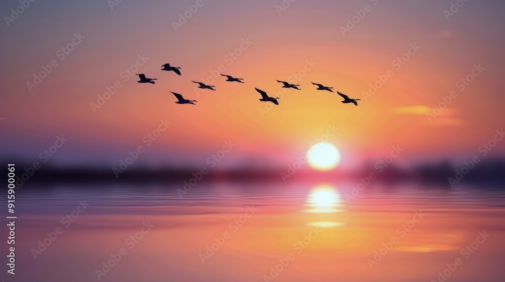 Fototapeta premium Birds Flying Over Calm Water at Sunrise With Warm Colors in the Sky