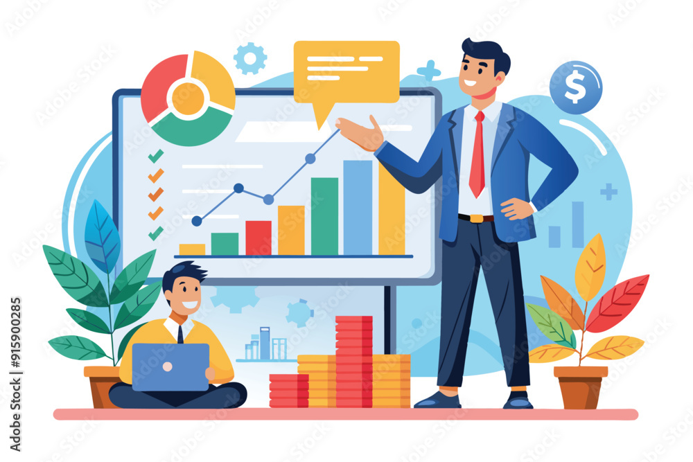 A business coach presents a growth graph while a client listens. The setting features plants and digital elements to enhance the professional atmosphere
