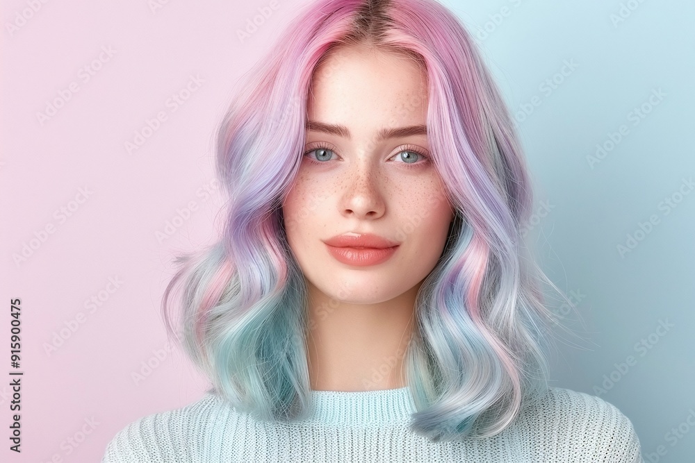 Pastel Pink and Blue-Haired Woman, Minimalist Beauty Portrait, Soft Waves, Split Background, Modern and Stylish Look, Fashion Image with Copy Space for Text
Pastel Pink and Blue-Haired Woman, Minimalist Beauty Portrait, Soft Waves, Split Background, Modern and Stylish Look, Fashion Image with Copy Space for Text
