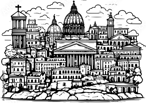 Ancient Rome city buildings hand drawn doodle art view