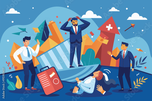 Professionals navigate a business crisis with various responses, showcasing teamwork and determination to overcome obstacles