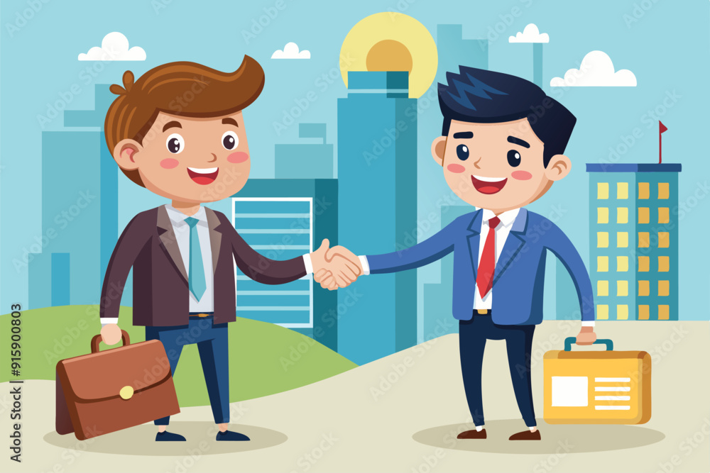 Two cheerful business professionals shake hands in a vibrant city, celebrating a successful deal under a sunny sky Two cheerful business professionals shake hands in a vibrant city, celebrating a successful deal under a sunny sky