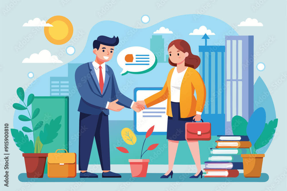 Two business professionals shake hands while discussing a customizable deal in an urban environment, surrounded by greenery and office buildings Two business professionals shake hands while discussing a customizable deal in an urban environment, surrounded by greenery and office buildings