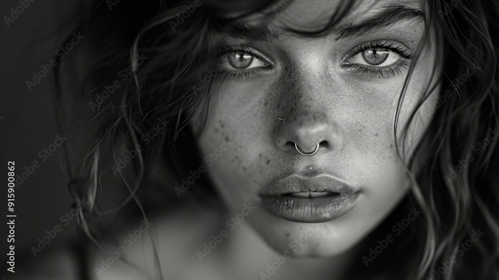 A close-up professional photo capturing a woman with a nose piercing, expressive eyes, and a gentle smile. The focus is on her facial features, with a delicate gold nose ring adding a touch of eleganc A close-up professional photo capturing a woman with a nose piercing, expressive eyes, and a gentle smile. The focus is on her facial features, with a delicate gold nose ring adding a touch of eleganc
