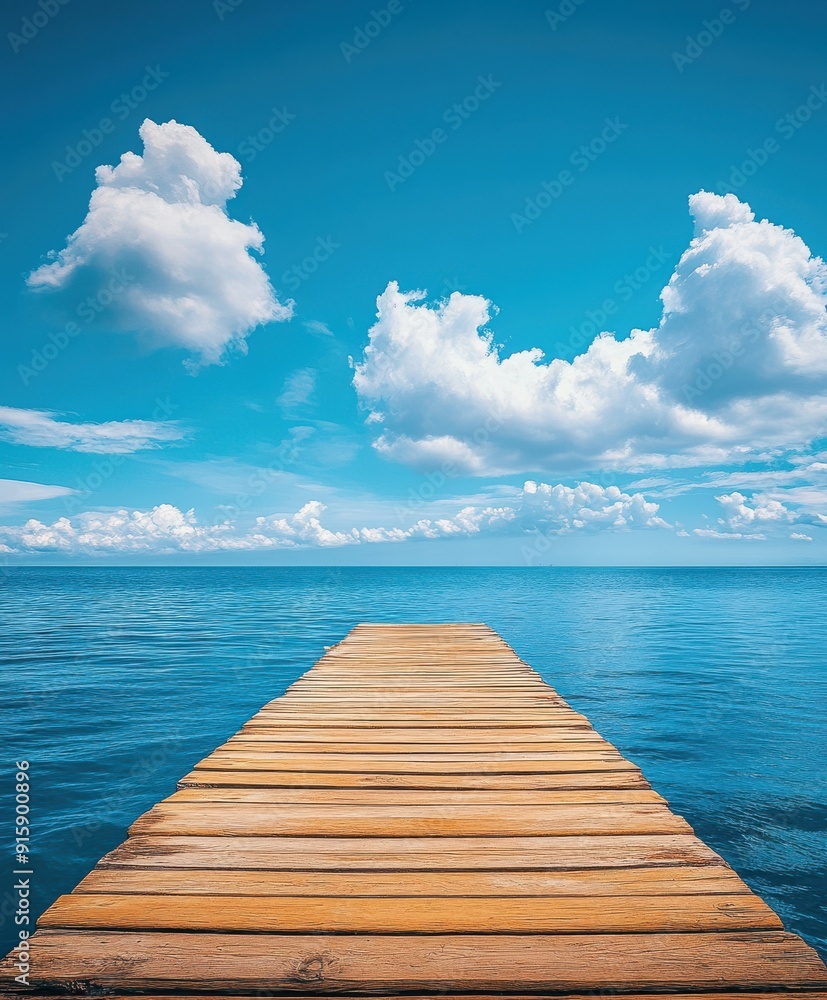 Wooden dock extending into the sea, blue sky with white clouds, background, flat composition Wooden dock extending into the sea, blue sky with white clouds, background, flat composition