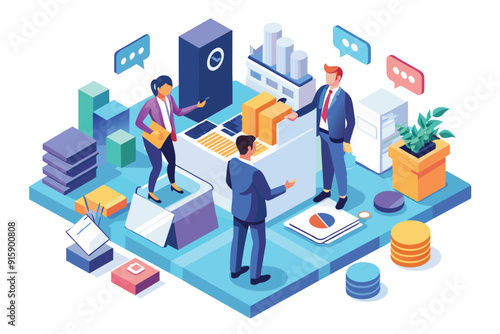 Two professionals engage in a business deal inside a modern office, surrounded by documents, packaging boxes, and digital communication tools