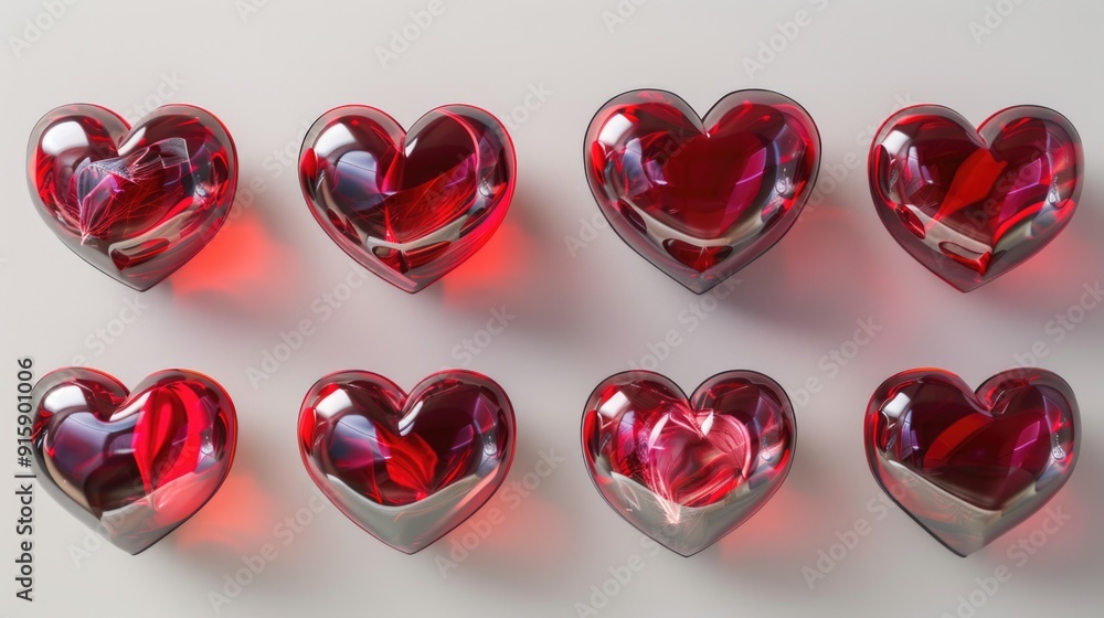 Group of red hearts sitting on a white surface, great for love and Valentine's Day themes Group of red hearts sitting on a white surface, great for love and Valentine's Day themes