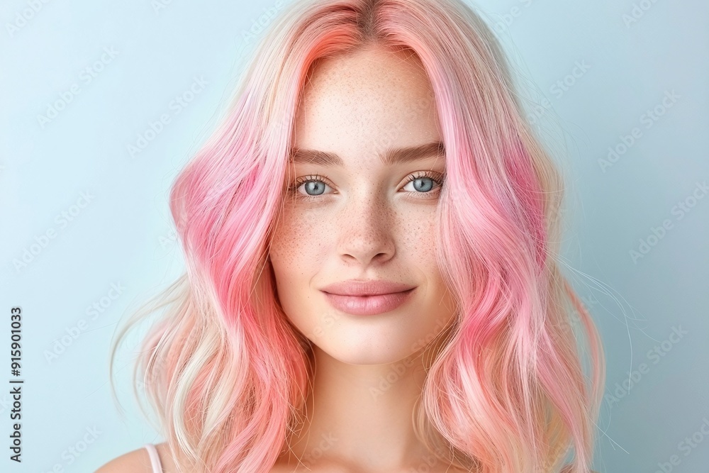 Soft Pink-Haired Woman with Wavy Hair, Minimalist Beauty Portrait, Light Blue Background, Modern and Feminine Look, Fashion Image with Copy Space for Text
Soft Pink-Haired Woman with Wavy Hair, Minimalist Beauty Portrait, Light Blue Background, Modern and Feminine Look, Fashion Image with Copy Space for Text