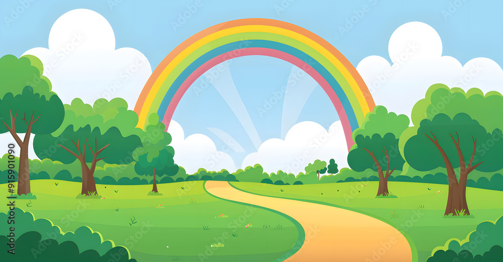Green fields with mountains with a rainbow in the background design Green fields with mountains with a rainbow in the background design