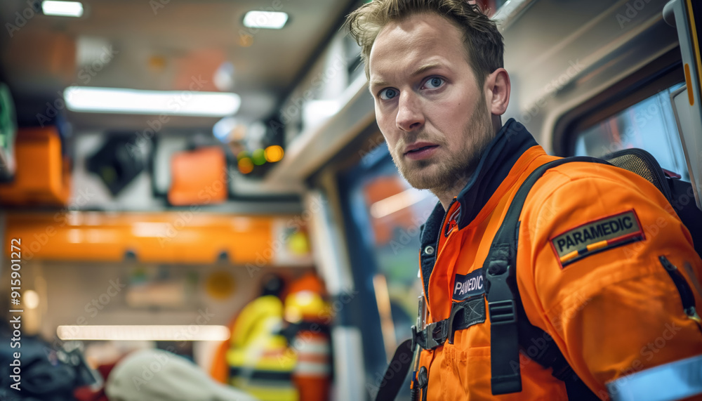 Man in orange uniform with serious expression, paramedic photo from inside of ambulance van. Generative AI Man in orange uniform with serious expression, paramedic photo from inside of ambulance van. Generative AI