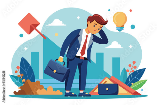 A businessman stands dejected, holding a briefcase, surrounded by signs of failure and setbacks in a contemporary office environment