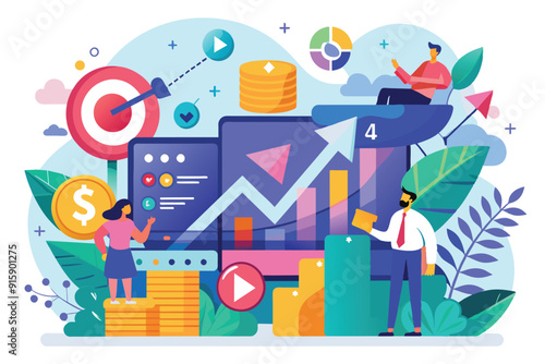 A dynamic illustration showing business growth, marketing strategies, and data analytics through colorful graphics and statistics