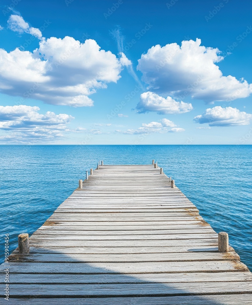 Fototapeta premium Wooden dock extending into the sea, blue sky with white clouds, background, flat composition