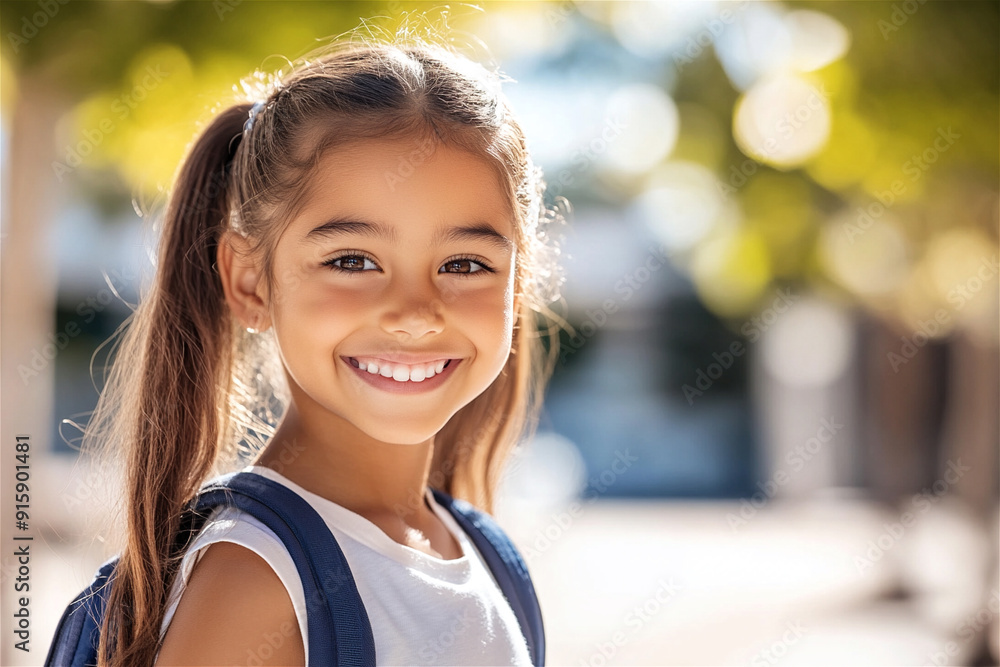 Cheerful student girl smiles brightly outdoors on a sunny day, embodying the joy of being at school. Perfect for back-to-school themes. Copy space Cheerful student girl smiles brightly outdoors on a sunny day, embodying the joy of being at school. Perfect for back-to-school themes. Copy space