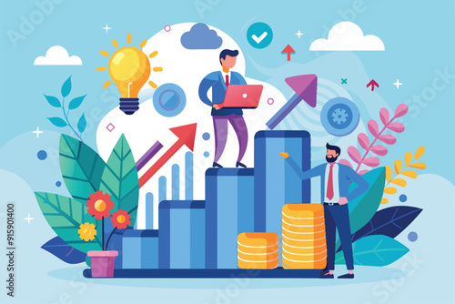 A vibrant illustration displaying business growth with individuals utilizing technology, surrounded by symbols of innovation, finance, and strategy