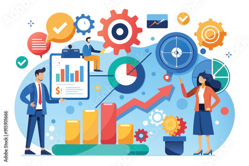 Business professionals collaborate on management strategies, analyzing charts and graphs to enhance productivity and drive growth during a strategic planning session