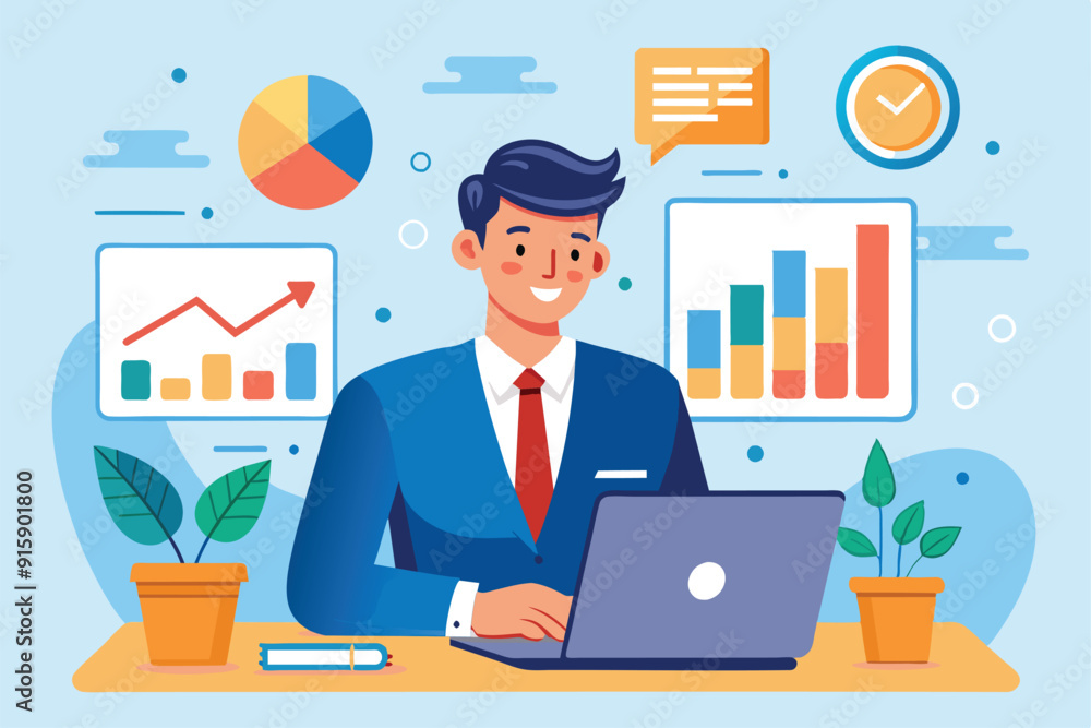 A businessman with a smile reviews company performance charts and graphs on his laptop while surrounded by greenery and bright visuals A businessman with a smile reviews company performance charts and graphs on his laptop while surrounded by greenery and bright visuals