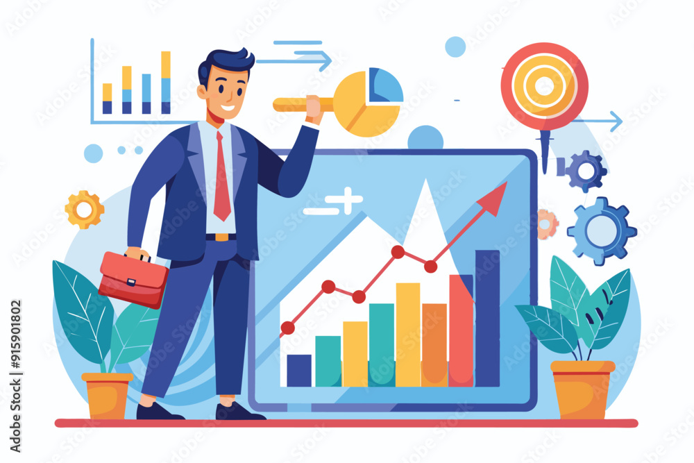 A businessman reviews a growth graph, focusing on business strategies and objectives in a contemporary office setting A businessman reviews a growth graph, focusing on business strategies and objectives in a contemporary office setting