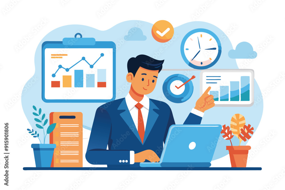 A businessman focused on analyzing sales data using a tablet, with charts and deadlines prominently displayed in a well-organized office setting A businessman focused on analyzing sales data using a tablet, with charts and deadlines prominently displayed in a well-organized office setting