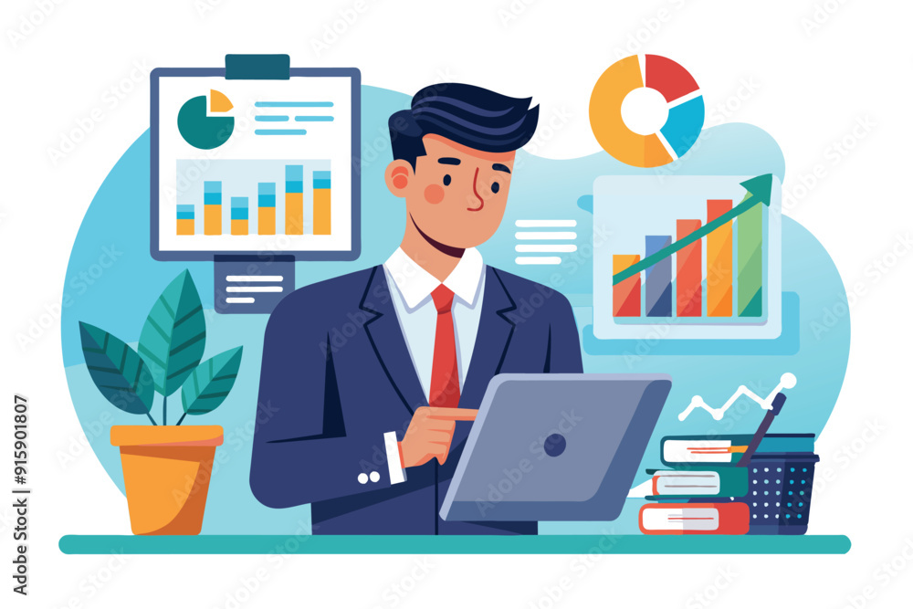 A businessman reviews sales data on his tablet while surrounded by charts, growth graphs, and a small plant at his organized office desk A businessman reviews sales data on his tablet while surrounded by charts, growth graphs, and a small plant at his organized office desk