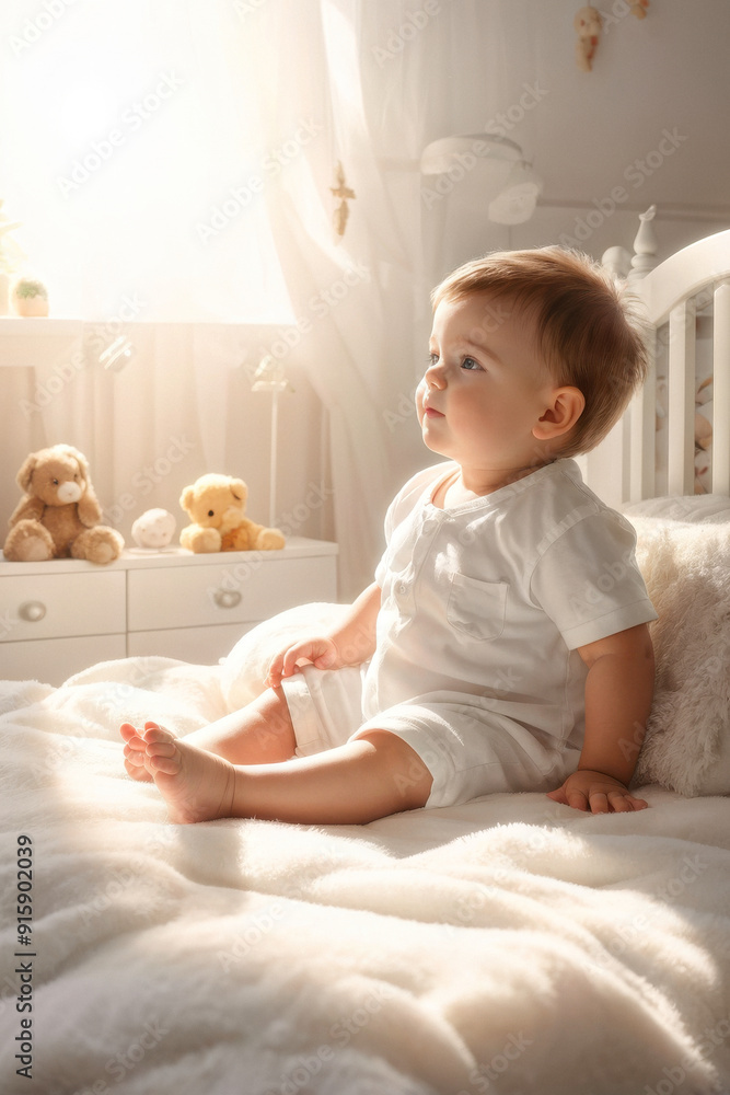 Fototapeta premium Innocence and Purity: Capture the essence of childhood with this heartwarming image of a baby boy peacefully resting in a sunlit bedroom. generative AI