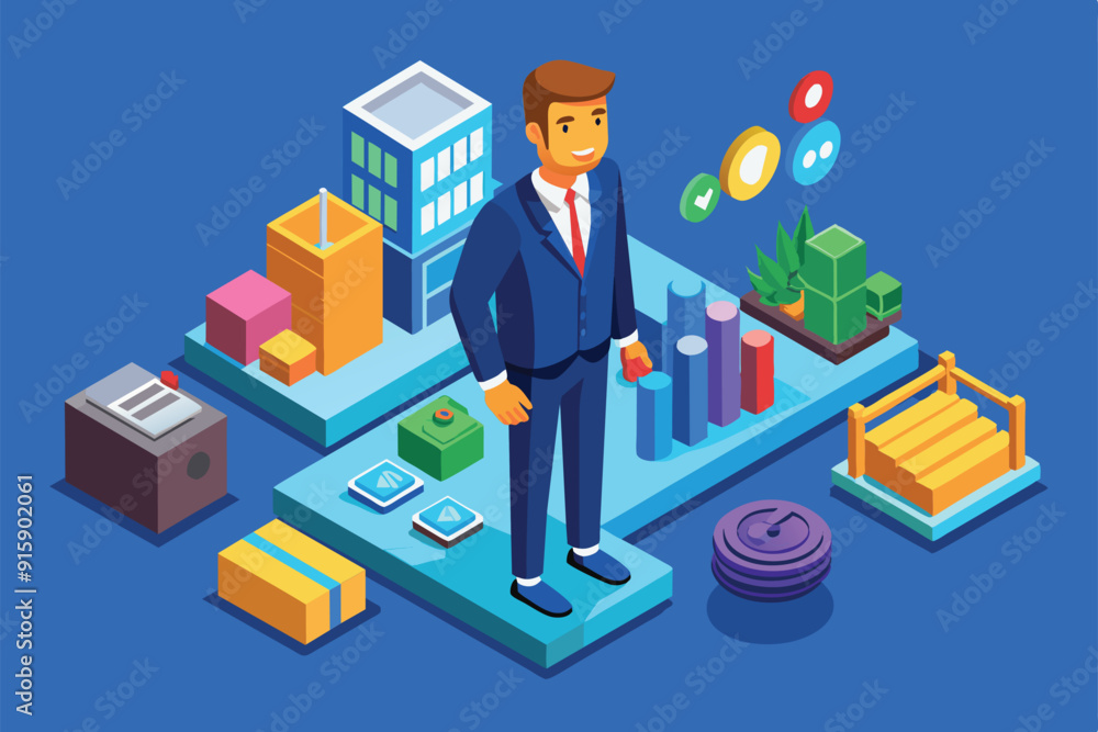 A businessman stands confidently surrounded by colorful graphs, buildings, and marketing icons, representing a vibrant business environment filled with opportunities A businessman stands confidently surrounded by colorful graphs, buildings, and marketing icons, representing a vibrant business environment filled with opportunities