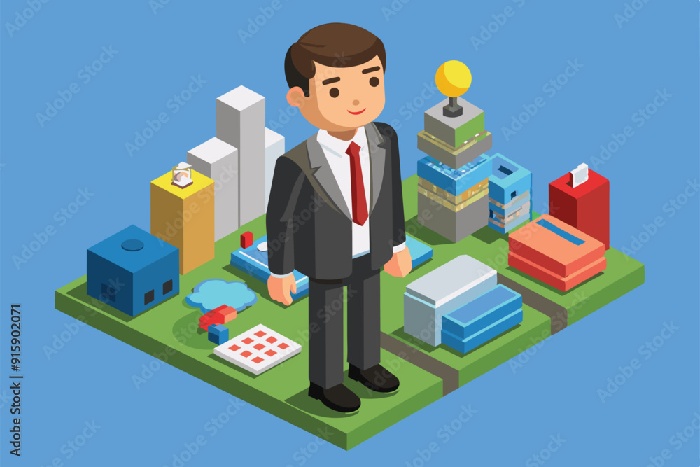 A businessman in formal attire stands confidently among various buildings and structures, representing a vibrant urban environment A businessman in formal attire stands confidently among various buildings and structures, representing a vibrant urban environment