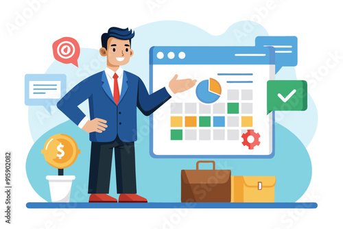 A businessman gives a presentation featuring a calendar and charts, illustrating strategies and goals in a professional office environment