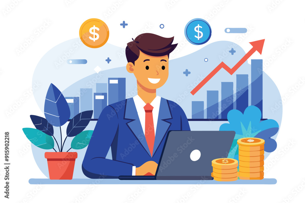 A businessman actively invests online at his workspace, smiling as he reviews financial charts and stacks of coins indicating growth A businessman actively invests online at his workspace, smiling as he reviews financial charts and stacks of coins indicating growth