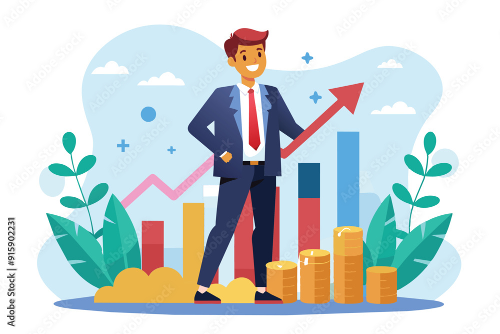 A businessman stands proudly, analyzing rising investments and growth in a vibrant, financial-themed setting filled with graphs and coins A businessman stands proudly, analyzing rising investments and growth in a vibrant, financial-themed setting filled with graphs and coins