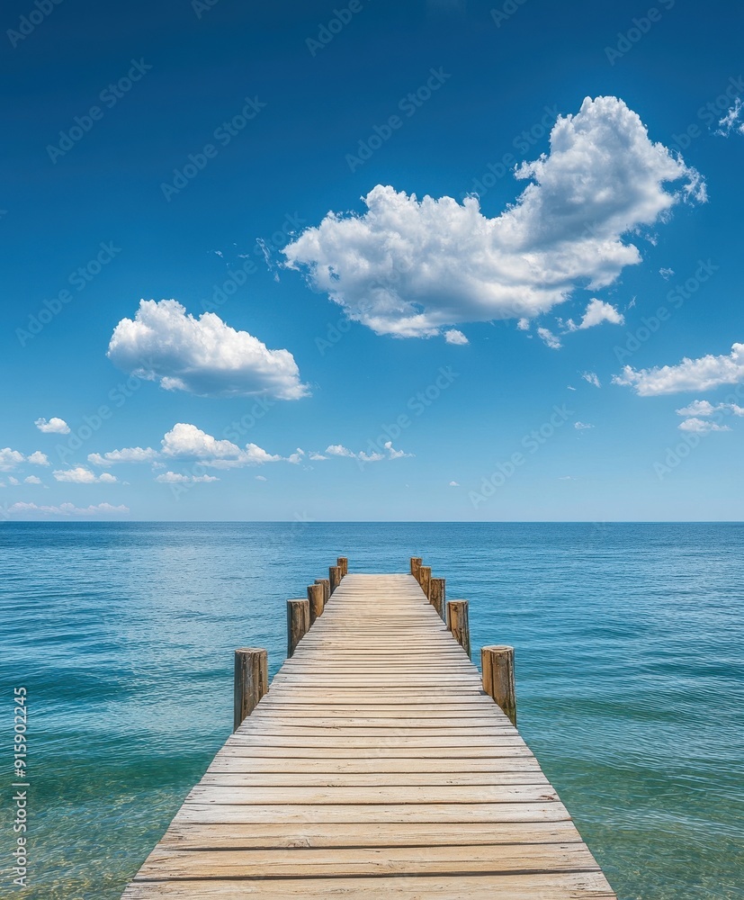 Fototapeta premium Wooden dock extending into the sea, blue sky with white clouds, background, flat composition