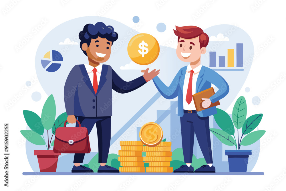A confident businessman discusses investment opportunities with a cartoon investor, exchanging ideas and money in a creative office environment filled with charts A confident businessman discusses investment opportunities with a cartoon investor, exchanging ideas and money in a creative office environment filled with charts