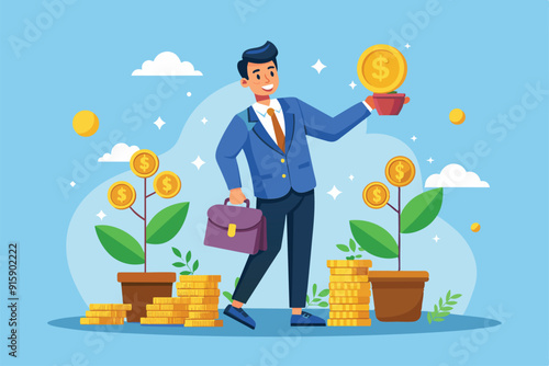 A businessman holds a coin above his head, smiling, while surrounded by money trees and stacks of coins symbolizing investment and financial growth